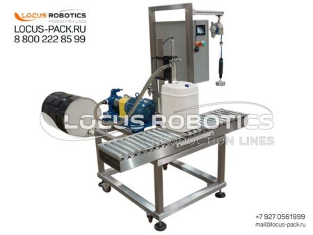 R-400 Compact Semi-Automatic Filling and Capping Line with Mechanical Roller Conveyor and Overhead Capper for Motor Oils, Alcohol, and Industrial Chemicals